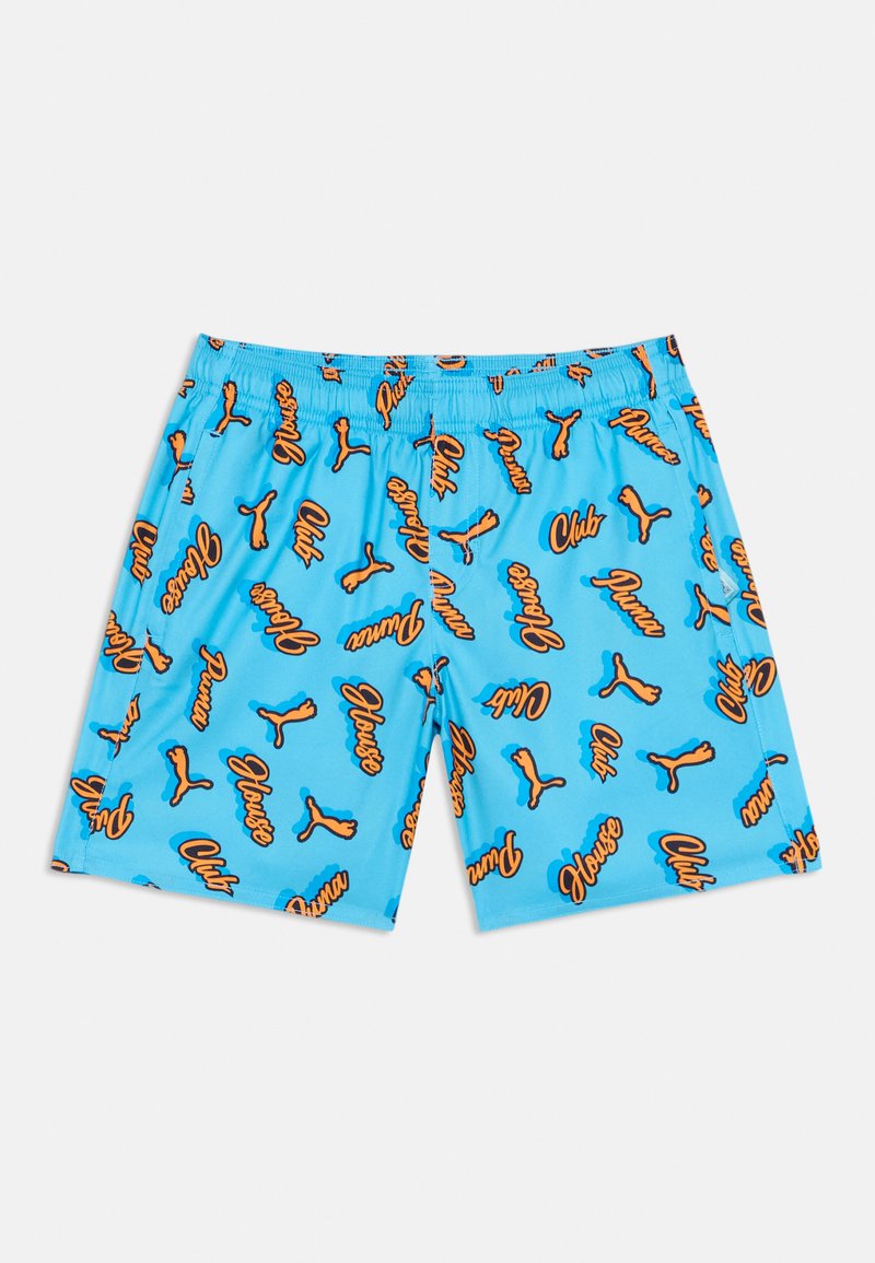 Mėlyni plaukimo šortai su elastinga juostele, turintys viso paviršiaus oranžinių logotipų ir stilizuotų iliustracijų raštą, esančias įvairiomis pozicijomis.