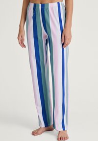 Gestreepte pyjamabroek met verticale strepen in turkoois, blauw, roze en wit. Gemaakt van zachte stof met een elastische taille.