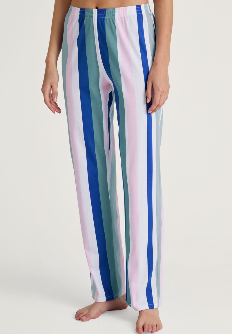 Gestreepte pyjamabroek met verticale strepen in turkoois, blauw, roze en wit. Gemaakt van zachte stof met een elastische taille.