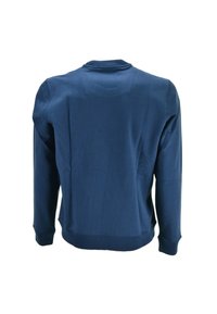 Felpa di cotone blu navy con maniche lunghe, collo a giro e polsini a coste; texture liscia con dettagli di design minimali.