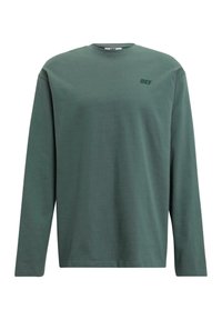 Long-sleeve shirt made from soft fabric in muted green. Features a crew neck and a small, tonal logo "DEF" on the chest. Simple design.