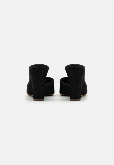 Black fabric heeled mules with a closed back and a textured surface. The heels are chunky and about 3 inches tall.