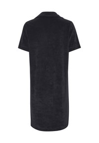 Abito stile polo nero realizzato in morbido tessuto con maniche corte e taglio dritto. Presenta un colletto e una lunghezza media.