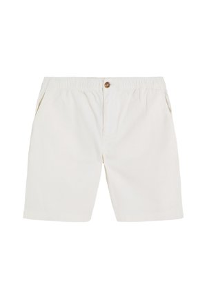 Pantalones cortos blancos de algodón con cintura elástica, cierre frontal con botones y bolsillos laterales, diseñados para uso casual.