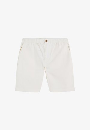 Pantalones cortos blancos de algodón con cintura elástica, cierre frontal con botones y bolsillos laterales, diseñados para uso casual.