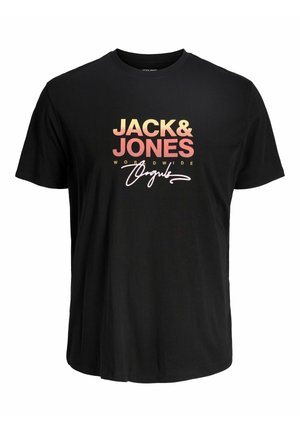 T-shirt in cotone nero con maniche corte, caratterizzata da un logo in gradiente "JACK & JONES WORLDWIDE" in rosso e giallo, con un dettaglio firmato sotto.