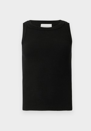 Sort ribbet top lavet af et blødt materiale, med rund halsudskæring og ærmeløst design. Enkel og alsidig form.