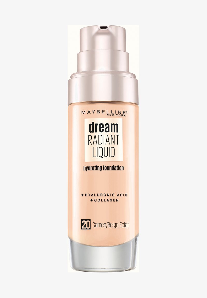Podkład Maybelline Dream Radiant Liquid w odcieniu 20 Cameo/Beige Éclat; cylindryczna szklana butelka z srebrną pompką; lekka beżowa formuła.