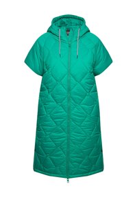 Teal quiltat kång med huva och korta ärmar, fransdragkedja och svart-vita snoddar på en vit bakgrund.