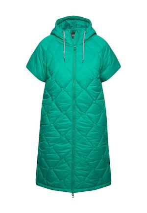 Teal vuorattu huppari, jossa on lyhyet hihat, etuvetoketju ja mustavalkoiset narut valkoista taustaa vasten.