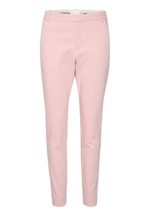 Pantaloni eleganți de culoare roz deschis, cu un croi slim, având un front plat, bucle pentru curea și buzunare laterale. Stoff neted, fără modele vizibile.