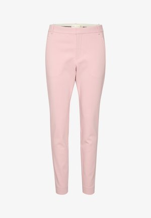 Pantaloni eleganți de culoare roz deschis, cu un croi slim, având un front plat, bucle pentru curea și buzunare laterale. Stoff neted, fără modele vizibile.