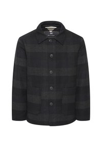 Chaqueta de mezcla de lana negra con rayas grises, cuello puntiagudo, cierre frontal con botones y dos bolsillos frontales. Textura suave y forma estructurada.
