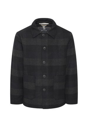 Juodas vilnos mišinio švarkas su pilkomis žymėmis, smailiu apykaklės dizainu, mygtukų uždarymu priekyje ir dviem priekinėmis kišenėmis. Minkšta tekstūra ir struktūrizuota forma.