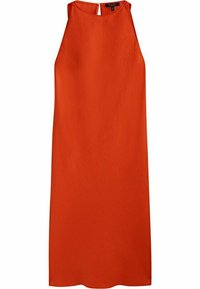 Długa sukienka bez rękawów w intensywnym odcieniu pomarańczowym, z wysokim dekoltem, szwami bocznymi oraz zamkiem błyskawicznym z tyłu ułatwiającym zakładanie. Gładka struktura tkaniny.