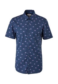 Chemise bleu marine à manches courtes boutonnée avec motif araignée rose, col spread et tissu lisse.
