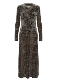 Langärmliges braun-schwarzes Kleid mit Leopardenmuster, gerüschtem Vorderteil und fließendem Rock.