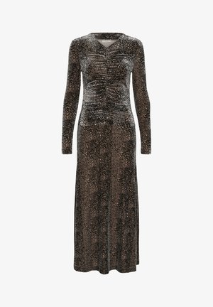 Suknja dugih rukava smeđa i crna s motivom leopard printa, s naboranim prednjim dijelom i lepršavom suknjom.