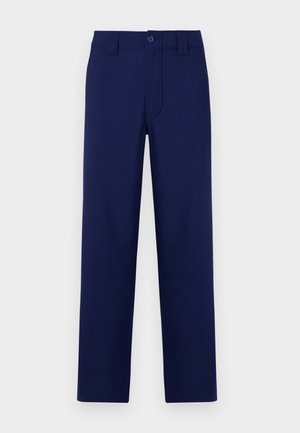 Pantalons bleu marine avec fermeture à bouton et zip, coupe droite, devant plat et poches latérales ; fabriqués en tissu lisse et léger.