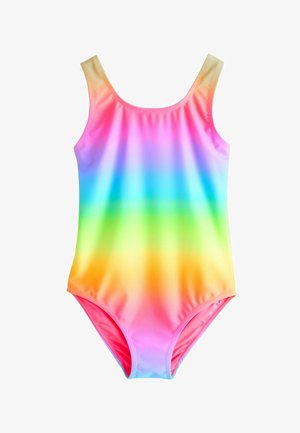 Einteiliger Badeanzug aus glattem Stoff mit einem Batikverlauf in Rosa, Blau, Grün und Orange. Verfügt über breite Träger und einen runden Ausschnitt.