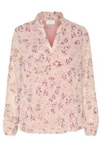 Lyserød bluse med lange ærmer og flæsekant ved kraven, med blomstermønster i lilla og grøn. V-udskæring og blød tekstur.