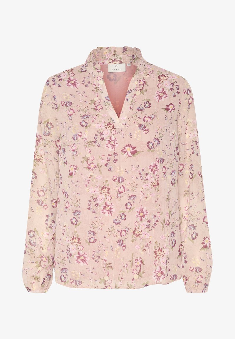 Lyserød bluse med lange ærmer og flæsekant ved kraven, med blomstermønster i lilla og grøn. V-udskæring og blød tekstur.