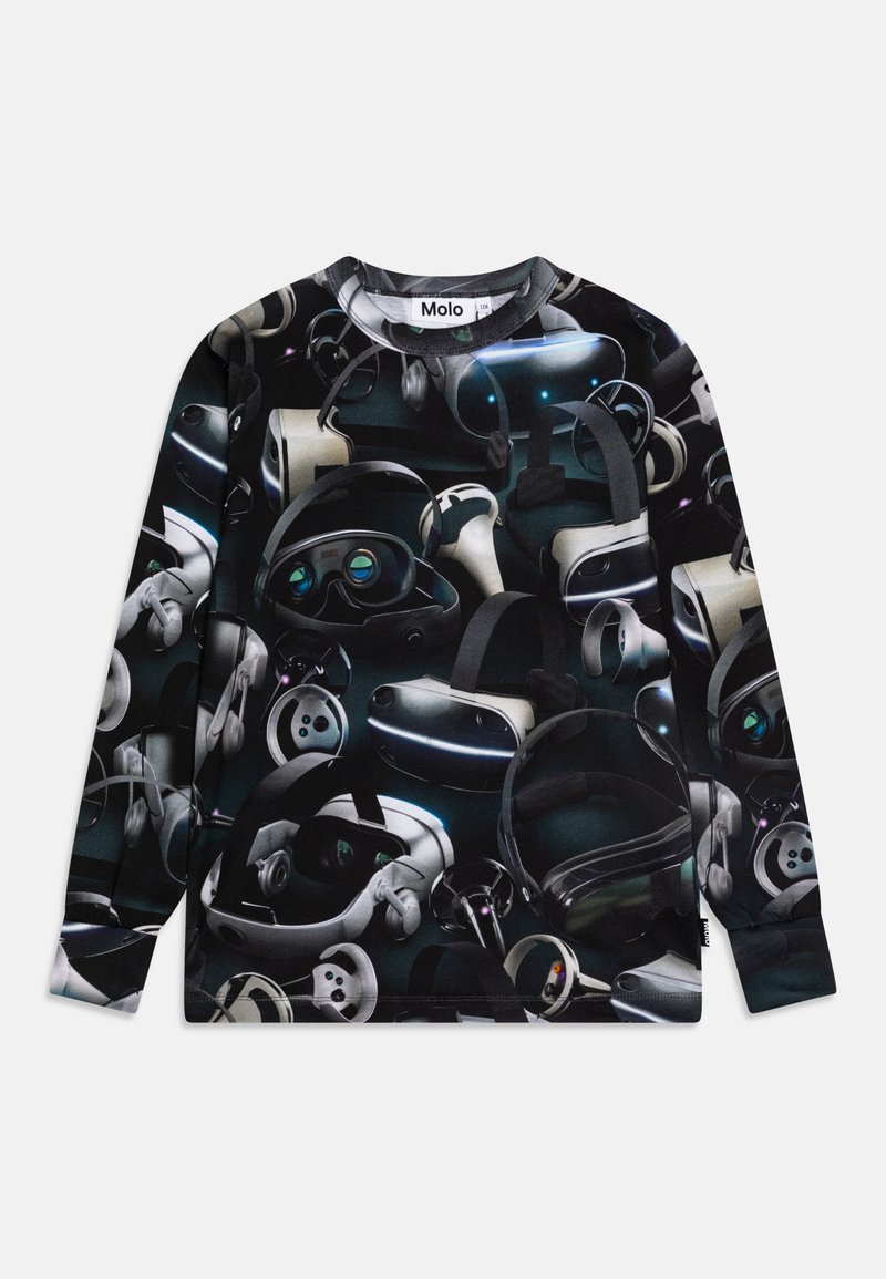 Schwarzer Langarm-Sweatshirt mit einem Muster aus verschiedenen VR-Headsets und Spielcontrollern in Grautönen, mit weißen und blauen Akzenten.