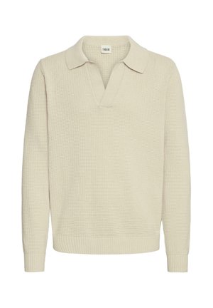 Cream-colored knitted pullover with a collar, V-neck, and ribbed cuffs and hem. Textured pattern throughout the fabric.