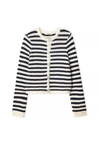 Marinblå och krämfärgad randig kort cardigan i stickad textur med rund halsringning, knappstängning och ribbade muddar.