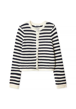 Mornarsko modra in kremna črtasta skrajšana kardigan z pleteno teksturo, okroglo ovratnikom, zapiranjem na gumbe in rebrastimi manšetami.