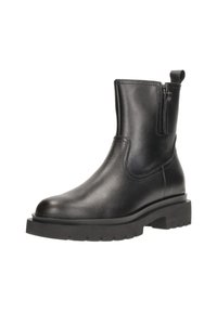 Zwarte leren enkellaarzen met een gladde afwerking, ronde neus, chunky rubberen zool en zijrits details. Voorzien van een trektab aan de hiel.