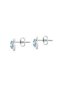 Orecchini a stud in argento con pietre rotonde di un blu chiaro, caratterizzati da una finitura liscia e montature circolari, accentuati da piccole pietre trasparenti.