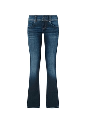 Jean flare en denim bleu foncé avec un lavage moyen, doté d'une fermeture à deux boutons, de passants de ceinture et de coutures contrastées le long des poches.