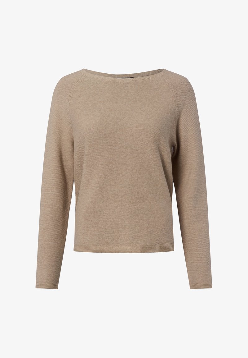 Beiger Pullover mit langen Ärmeln und weitem Ausschnitt. Hergestellt aus einem weichen, strukturierten Stoff mit lockerer Passform und gerippten Akzenten an Saum und Bündchen.