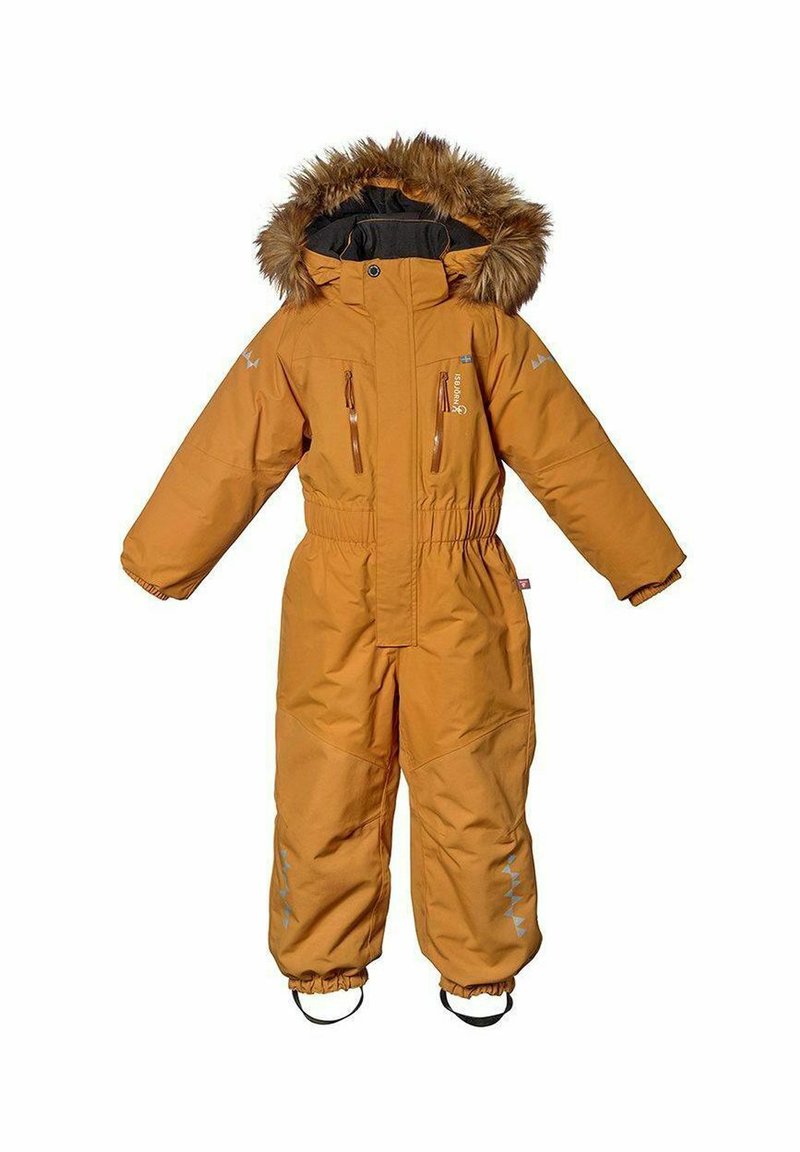Orange snödräkt med foder av konstpäls i huva, framzip, två bröstfickor, elastisk midja och elastiska ärmar med fotremmar.