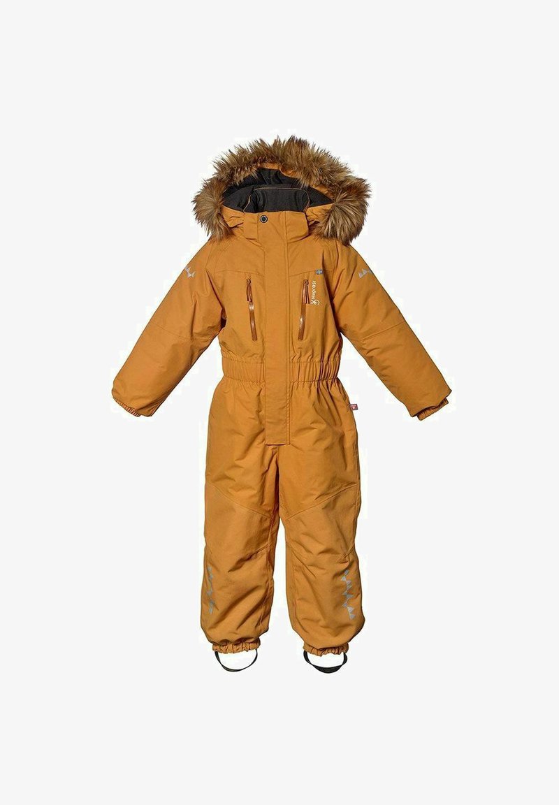 Orange vinterdragt med faux fur-forsynet hætte, frontlynlås, to brystlommer, elastisk talje og elastiske manchetter med fodremme.
