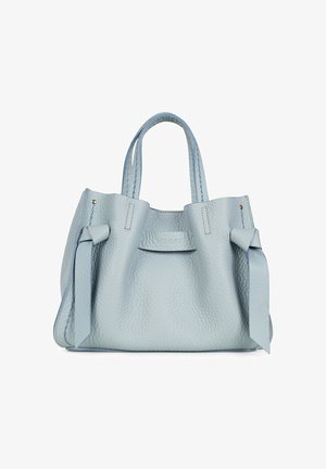 Borsa a mano in pelle azzurro chiaro con manici doppi e cinturini laterali annodati, forma rettangolare strutturata e delicata stampa a rilievo del marchio sulla parte anteriore.