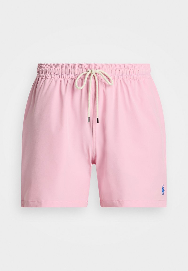 Rozā peldbikses ar elastīgu jostasvietu un auklu, ar mazu zilu logo akcentu priekšējā labajā pusē.