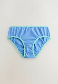 Blauwe katoenen slip met mintgroene bies, voorzien van een strikaccent aan de voorkant. Soepele textuur met een elastische tailleband en beenopeningen.