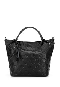 Czarna skórzana torba na ramię z wytłaczanymi wzorami, podwójnymi uchwytami i akcentem w postaci frędzla. Posiada usztywniony kształt z nieco opadającą górą.