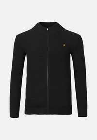 Cardigan noir tricoté avec un motif texturé, fermeture éclair sur le devant et col montant. Présente un petit logo doré sur la poitrine.