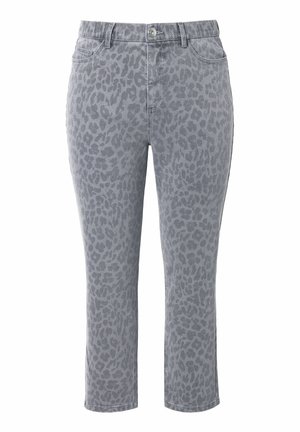 Gray cotton jeans with a subtle leopard print pattern, fitted silhouette, five-pocket design, and a button closure at the waistband.
