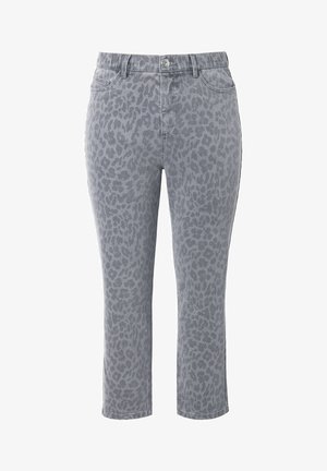 Gray cotton jeans with a subtle leopard print pattern, fitted silhouette, five-pocket design, and a button closure at the waistband.