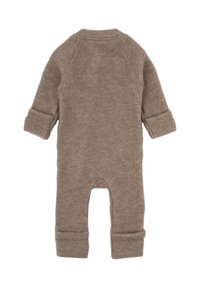 Brauner Baby-Strampler aus Wolle mit umgeschlagenen Bündchen, rundem Ausschnitt und Fußteil, mit weichem, strukturiertem Finish.