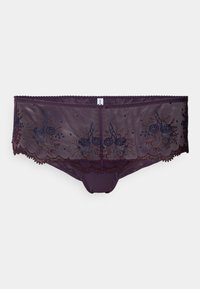 Burgundy lace briefs with floral embroidery details. Stretch mesh material with scalloped edges and decorative trim. Classic brief shape.