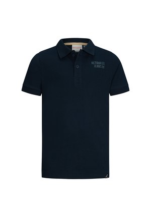 Polo shirt blu navy in cotone, con collo a due bottoni, maniche corte e un logo discreto sul lato sinistro del petto.