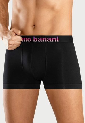 Boxer in cotone nero con una cintura elasticizzata su cui è scritto "uno banani" in lettere rosa e un design liscio e aderente.