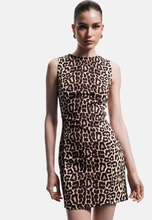 Liivi leopardikuvi mustri ja sujuva tekstuuriga sleeveless kleit, millel on kitsas siluett ja pruun-beez kombinatsioon. Minimalistlik disain koos kõrge kaelusega.