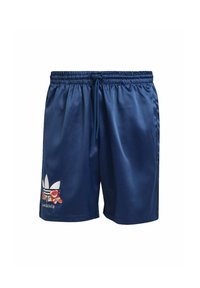 Marina blå sportiga shorts i satin, med elastisk midja och dragsko samt en blommig grafisk design på vänster ben.