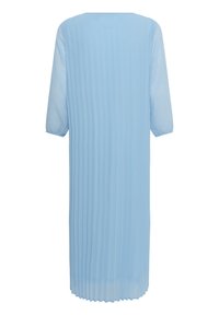 Robe midi bleu clair à manches longues avec jupe plissée et tissu transparent sur les manches, vue de dos sur un fond blanc.